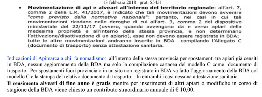 DALLA REGIONE VENETO SULLA MOVIMENTAZIONE DEGLI ALVEARI